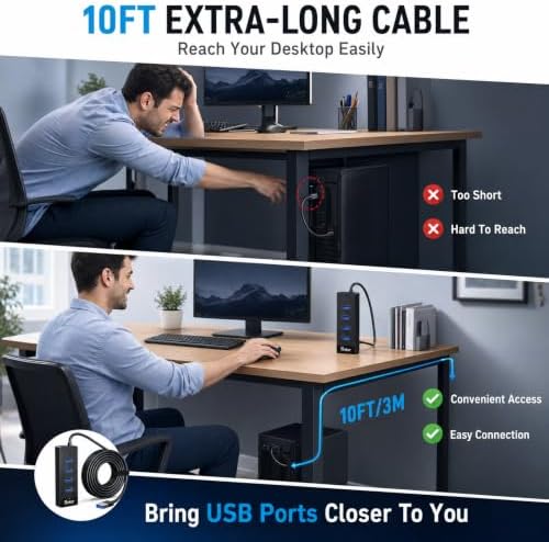 10FT 4‑Port USB 3.0 Hub Long Cable, 5Gbps High Speed USB Extender with USB‑C Power in Port (5V/2A), USB Extension Cable Multiport Adapter for PC, Laptop, Desktop, Keyboard, Mouse, Flash Drive - Image 3
