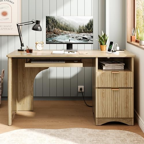 Bestier Computer Desk with Drawer, 55 inch Office Desk with Power Outlet, Modern Home Office Desk with Keyboard Tray (Natual Oak, 55" W with Single-Sided Drawers) by Bestier