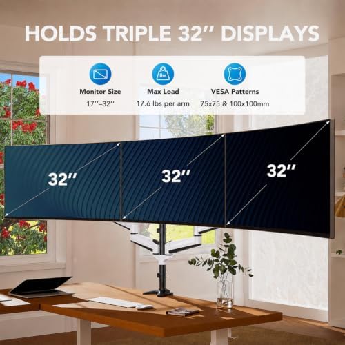 HUANUO Triple Monitor Stand - Full Motion Articulating Monitor Mount Fit Three 17 to 32 inch LCD Computer Screens with Clamp, Grommet Kit - Image 2