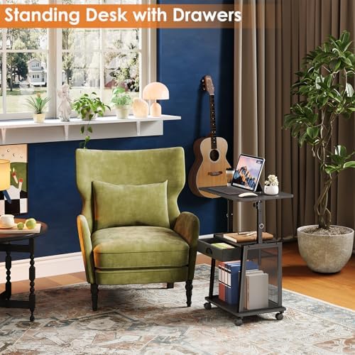 Height Adjustable Standing Desk with Wheels,Mobile Sit Stand Up Desk with Drawer,Rolling Laptop Computer Desk with storage,Portable Podium Teacher Stand Desk,Narrow Walking Pad Desk for Home Office - Image 6