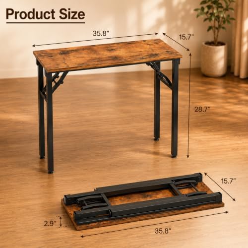 Folding Table Computer Desk - 35.8" No Assembly Folding Desk Design and Foldable Office Desk, Small Desk for Bedroom, Compact Storage Portable Use for Dorm and RV Small Space, Rustic Brown - Image 3