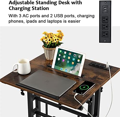 Hadulcet Mobile Standing Desk with Wheels, Rolling Desk Adjustable Height, Portable Laptop Table with Charging Station, Sit Stand up for Home Office, Study, Classroom, Rustic Brown - Image 4