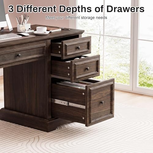Vipbear 60" Farmhouse Executive Office Desk with Drawers and File Cabinet, Embossed Texture Wood Home Office Desk, Rustic Computer Desk, Workspace for Work Study Writing, Brown - Image 6