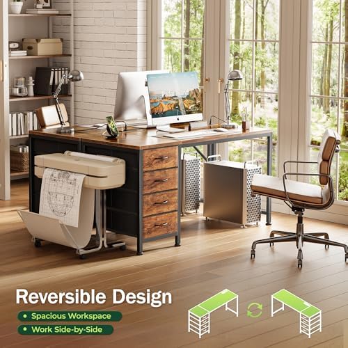 PRAISUN 47.2 Inch Computer Office Desk with Power Outelts and USB-C Port, Reversible Gaming Desk with 4 Fabric Drawers, Work Study Desk Work from Home, Rustic Brown - Image 4