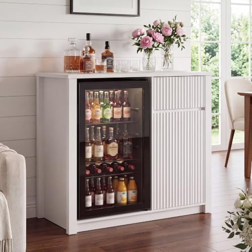 Mini Fridge Cabinet with Storage & Power Outlet, Coffee Bar Cabinet, White by LANDASSYHOME