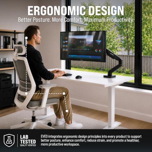 EVEO Premium Single Monitor Arm 14"–34", Adjustable Gas Spring Monitor Mount, Single Arm Desk Mount for 34 Inch Computer Screens, VESA Compatible Stand with Clamp and Grommet Base – Black - Image 6