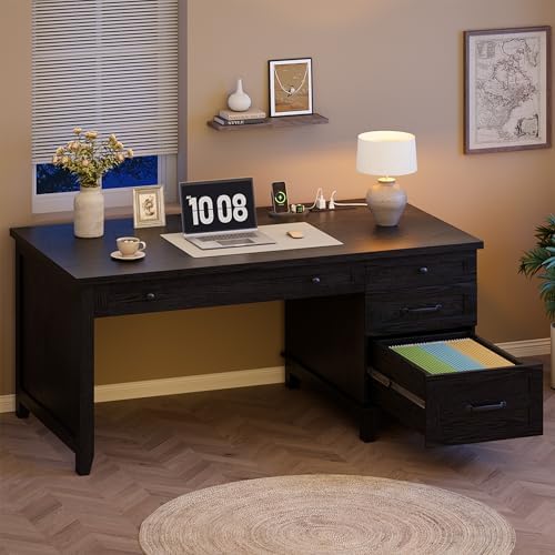 Garvee 53.5" Wooden Home Office Desk with File Drawers, Executive Desk with Power Outlet, Farmhouse Wood Desk with Storage, Distressed Study and Work Table, Rustic Black - Image 5