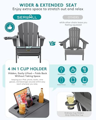 SERWALL Foldable Adirondack Chair Set of 2, 4 in 1 Cup Holder - Gray - Image 5