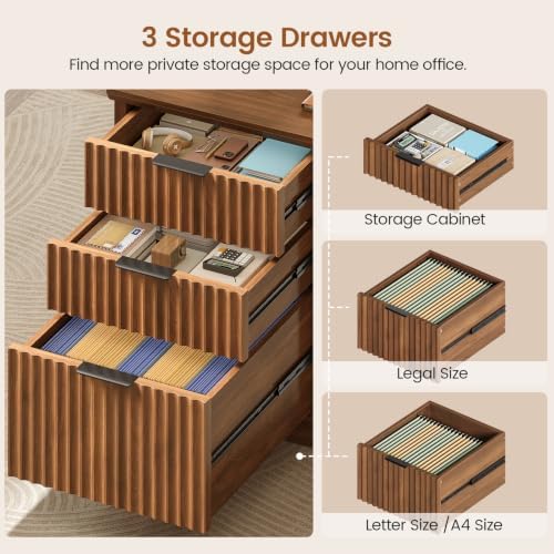 SEDETA Fluted 70.9" L Shaped Desk with Drawers and Storage Cabinet, Brown - Image 5