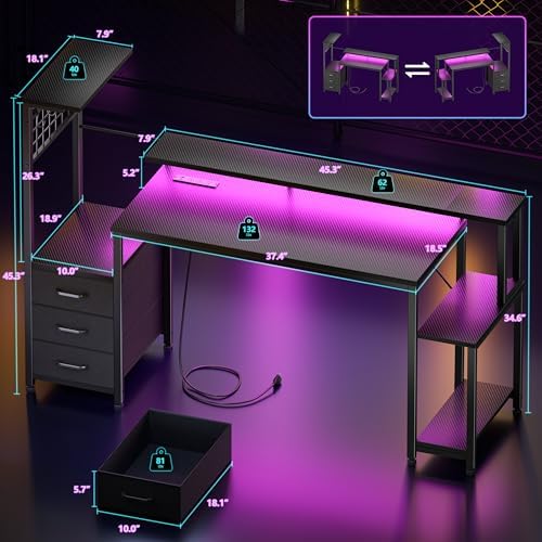 Korfile 55 Inch Gaming Desk with Bluetooth LED Lights & Power Outlets,Computer Desk with Fabric Drawers & Hooks,Reversible Gamer Table with Monitor Stand for Game Room,Home Office,Carbon Fiber Black - Image 3