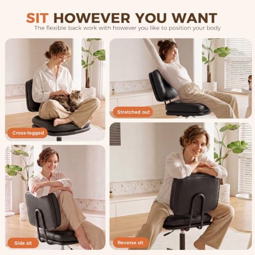 COMHOMA Home Office Desk Chair with Comfy Lumbar Support, Small Vanity Chair with Wheel for Bedroom, Thick Padded & Armless, 19.1"-25.4" Height Adjustable, Soft PU Leather, Black - Image 6