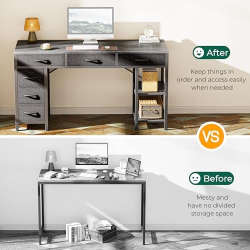 Huuger Computer Desk with 6 Drawers, Office Desk with Shelves, Reversible Gaming Desk, Corner Desk with Storage, Work for Home Office, Study, Living Room, 47inch, Grey - Image 5