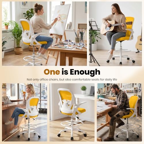 Primy Drafting Chair Tall Office Chair with Flip-up Armrests Executive Ergonomic Computer Standing Desk Chair with Lumbar Support and Adjustable Footrest Ring (Mustard) - Image 5