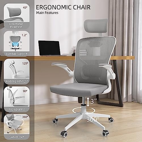 Monhey Office Chairs, Ergonomic Office Chair, Computer Chair with Adjustable Headrest, Lumbar Support, 2D Armrest, Metal Base and Iron Legs, White Frame Grey Mesh Office Chair - Image 4