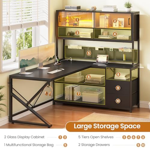SEDETA L Shaped Gaming Desk with Storage Shelves, 2 Drawer, LED Light - Image 6