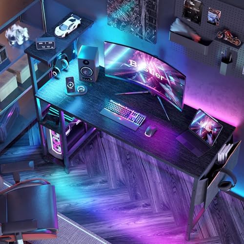 Bestier Gaming Desk with LED Lights, 51.3 Inch Computer Desk with 4 Tiers Reversible Shelves, Home Office Writing Desk with Side Storage Bag, Hooks and Height Adjustable Shelf (Black Grained) - Image 3