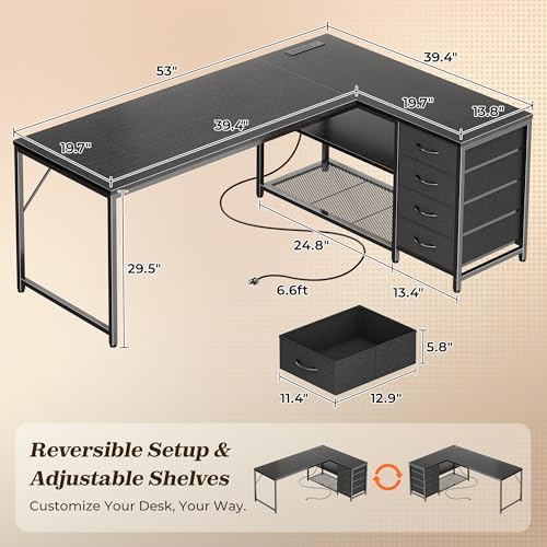PRAISUN 53" L Shaped Desk with Power Outlets & 4 Drawers - Image 2