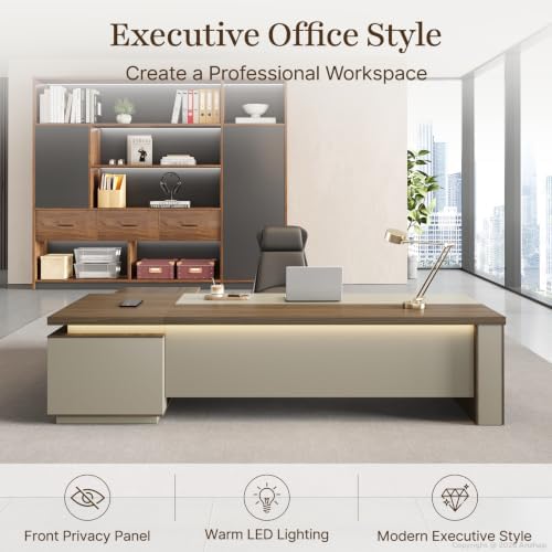 95" Reversible L-Shaped Executive Desk with Drawers – Luxury Office Desk with Open Shelves, LED Lighting, Built-in Outlet & USB Ports for Home, Office, Corporate, School (Black Walnut & Khaki) - Image 3