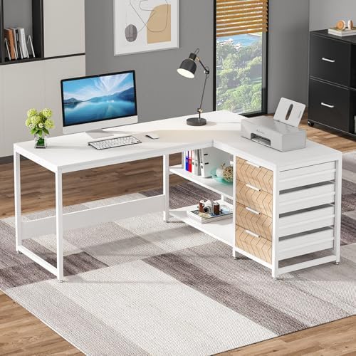 Tribesigns L Shaped Computer Desk with Storage Drawers, 59 inch Corner Desk with Shelves, Reversible L-Shaped Office Desk Study Writing Table Workstation for Home Office, White - Image 3