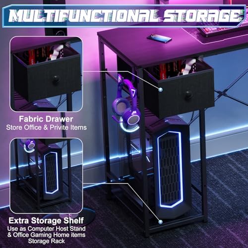 X-cosrack 33.5" Small Gaming Desk with LED Lights & Power Outlets, Compact Computer Desk with Monitor Stand & CPU Stand, Gamer Table with Storage Drawer, Side Hooks for Home Office, Bedroom, Black - Image 6