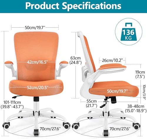 FelixKing Office Chair, Ergonomic Desk Chair Breathable Mesh Chairs Adjustable High Back Lumbar Support Flip-up Armrests, Executive Rolling Swivel Comfy Computer Chairs Home Office Sunset Orange - Image 2