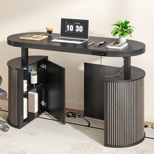 Mid Century Modern Electric Standing Desk with Storage, 55 x 22 Inch Small Sit Stand Up Desk, Wood Adjustable Height Computer Executive Desk for Home Office, Laptop, Black by BuyNow