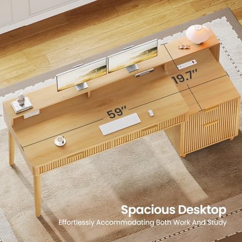 SEDETA 59" Computer Desk with 4 Storage Drawers, Fluted Wood Office Desk with File Drawer, LED Lights and Power Strip, Gaming Table Writing Desk for Home Office, Living Room, Bedroom, Oak - Image 6