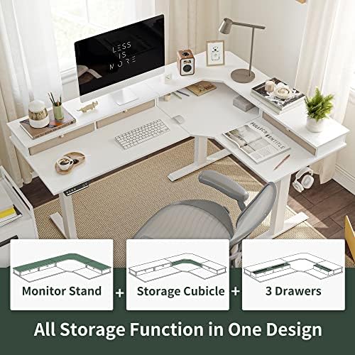 FEZIBO Triple Motor 63" L Shaped Standing Desk with 3 Drawers, Electric Standing Gaming Desk Adjustable Height, Corner Stand up Desk with Splice Board, White Frame/White Top - Image 4