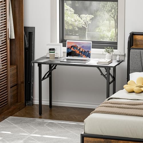 TEMI Small Computer Desk Folding Table - No Assembly, Compact 43.3" Foldable Desk with Power Outlets & USB Charging Port, Portable Small Office Desk, Ideal Mini Study Table, Marble Greige - Image 2