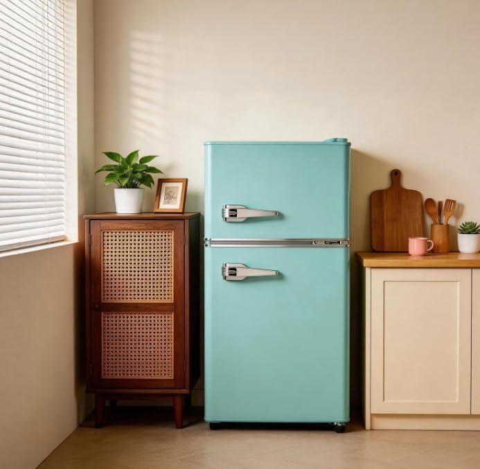 3.2 Cu.Ft Retro Mini Fridge with Freezer – Double Door, Blue - Image 3