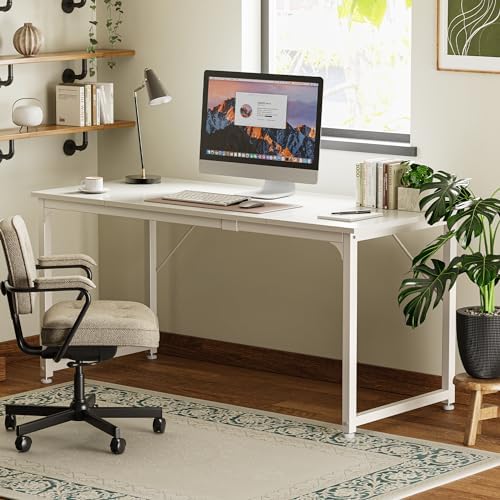 Huuger Computer Desk, 63 Inch Office Desk, Gaming Desk with Storage, Writing Desk Work Desk for Home Office, Study, Modern Simple Desk, Large Legroom, Metal Frame, White - Image 7