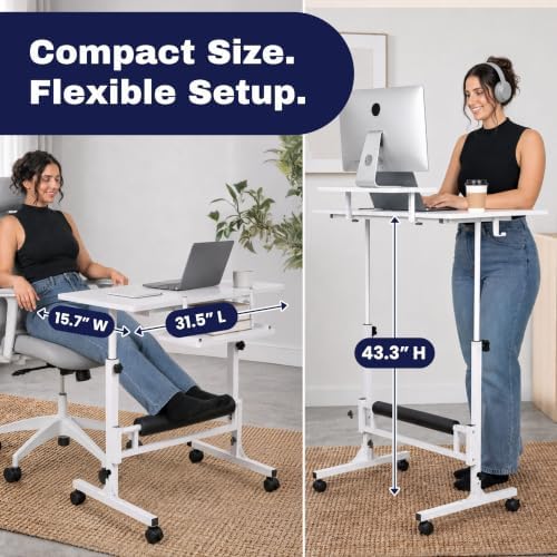 Small Rolling Desk with Wheels, Adjustable Height 27"-43.3" Portable Standing Desk, 31.5"x15.7" Tabletop, Mobile Laptop Computer Table for Home Office Workstation, White - Image 3