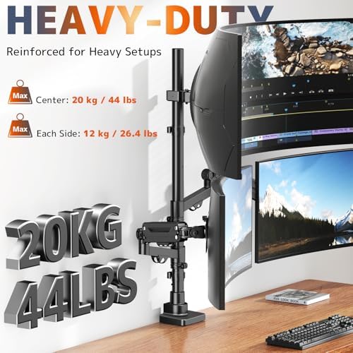 Triple Monitor Mount up to 49 inches, Fully Adjustable Heavy Duty 3 Monitor Arm with Gas Spring, Desk Mount for 3 Screens, C-Clamp & Grommet Base, Holds 44 lbs, Black - Image 3