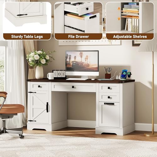 Squireewo 58'' Farmhouse Home Office Desk with Drawers, Wooden Executive Desk with Charging Station, File Drawers and Storage Cabinet, Computer Desk for Work, Study and Writing, Rustic White - Image 6