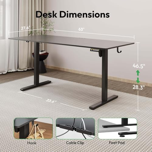 63 x 28 Inch Electric Standing Desk, 3 Memory Presets, Black - Image 2