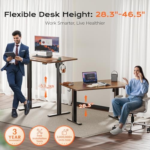 Huuger 48 x 28 Large Electric Standing Desk, Height Adjustable Desk, 27.6" Deep Desktop, Stand up Gaming, 2 Hooks, 3 Preset Heights, for Home Office, Rustic Brown - Image 3