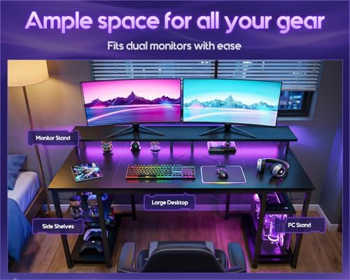 ODK 55 Inch Gaming Desk with LED Lights & Storage Shelves, Black - Image 4