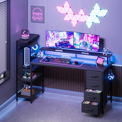 59in Gaming Computer Desk with Drawers & Power Outlet & LED Lights, Black - Image 2