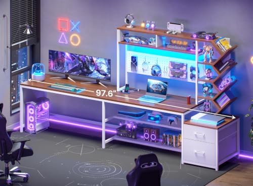 SEDETA L Shaped Office Desk with Drawers and Hutch, Convertible 97.6" Two Person Computer Desk, Corner Gaming Desk with Storage Shelves, LED Light and Power Outlet, White and Brown - Image 3
