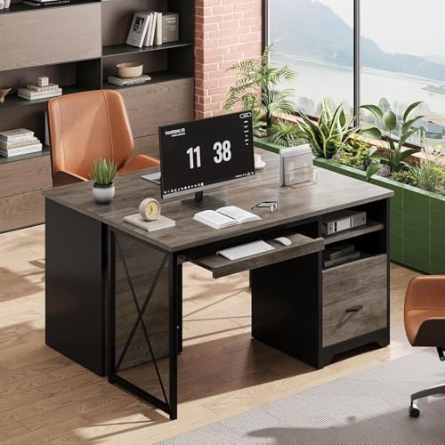 Bestier 47" Office Desk with Drawers, Industrial Computer Desk with Drawer, Reversible Teacher Desk with Storage & Keyboard Tray for Small Space Home Office & Studio, Gray Wash - Image 4