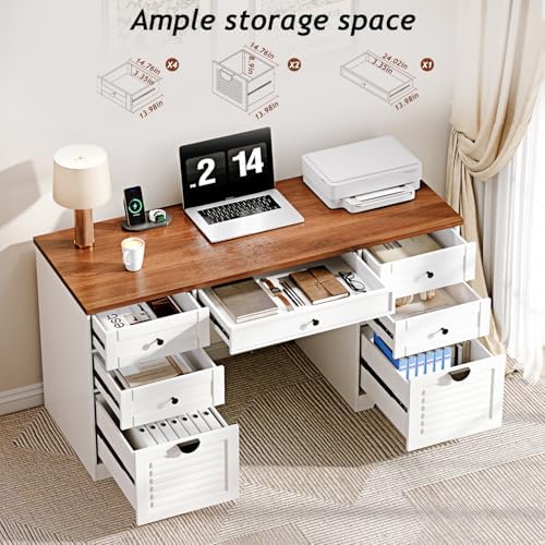 Ieejdn 59" Home Office Desks, Executive Desk, Farmhouse Computer Desk with 7 Drawers and Charging Station, File Drawer, Rustic Computer Writing Desk,Antique Cream - Image 3