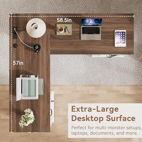 Farmhouse L Shaped Executive Desk with 4 Drawers, Home Office Desk with Hidden Under-Desk Storage Shelf and Charging Station, File Cabinet Storage, Wood Corner Computer Desk for Work(White+Brown) - Image 3