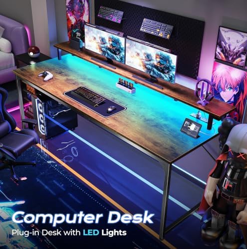 PRAISUN 63 inch Gaming Desk, LED & Outlets, Monitor Stand, Rustic Brown - Image 4