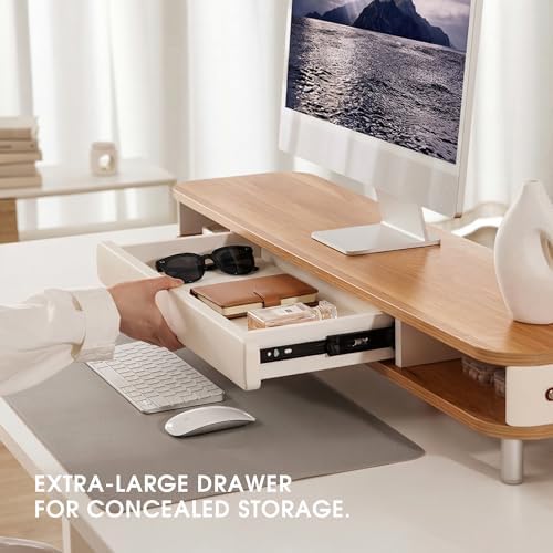 Fenge Dual Monitor Stand with Large Storage Drawer, 42.5" Desk Shelf, Oak - Image 4
