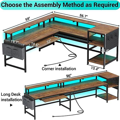 SEDETA L Shaped Computer Desk, Reversible Computer Desks, L Shaped Desk with Power Outlets & LED Strip, Monitor Shelf, Keyboard Tray, Pegboard and Storage Shelves for Home Office, Rustic Brown - Image 4