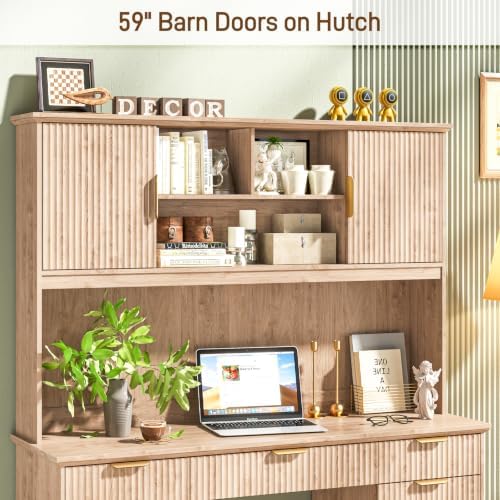 Vabches Farmhouse Executive Desk with 5 Drawers & 3 Storage Cabinets,Oak - Image 3