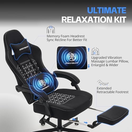 Desk Computer Gaming Chair - Ergonomic Game Office Chair with Extended Footrest and Massage Lumbar Support, Home Gamer Video Game Chairs with Spring Cushion for Adults (Pro Black Fabric) - Image 3
