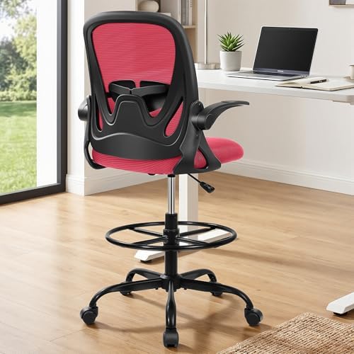 Primy Drafting Chair Tall Office Chair with Flip-up Armrests Executive Ergonomic Computer Standing Desk Chair with Lumbar Support and Adjustable Footrest Ring (Fire Brick) - Image 2