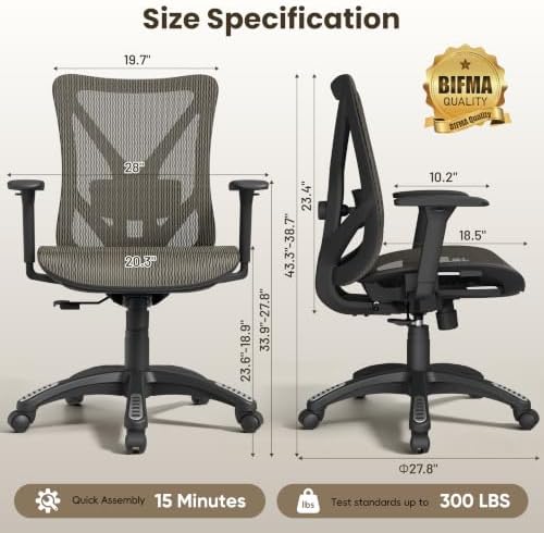Ergonomic Office Chair, Mesh Computer Desk Chairs with BIFMA X5.1 Certified, Adjustable Lumbar Support, 3D Arm, Tilt Back, Wide Seat, Comfy Swivel Work Task Chair for Company and Home (Coffee Brown) - Image 3