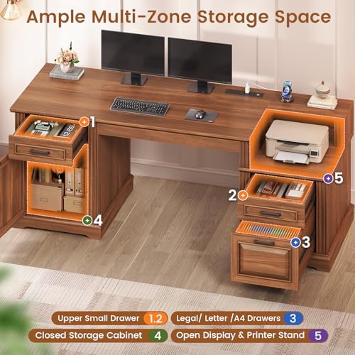 SEDETA Farmhouse Executive Desk, 62'' Home Office Desk with File Drawers, 3Drawer and Storage Cabinet, Computer Desk with Power Outlet for Home Office, Work Study Writing, Walnut - Image 3